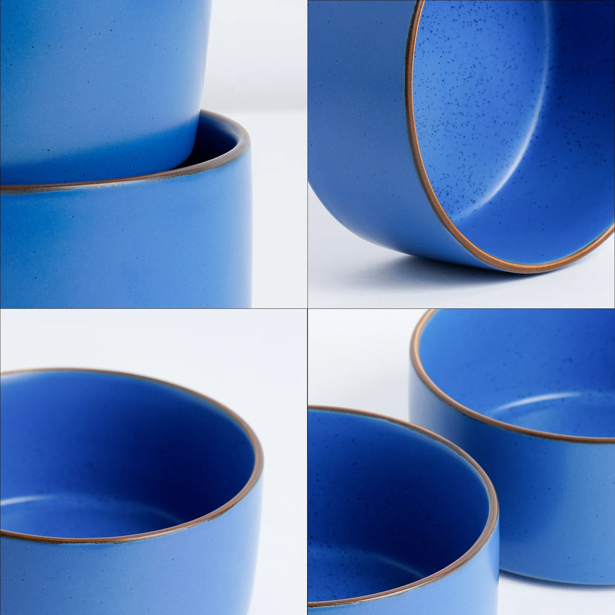 Collage of blue ceramic bowls with gold rims on a white background