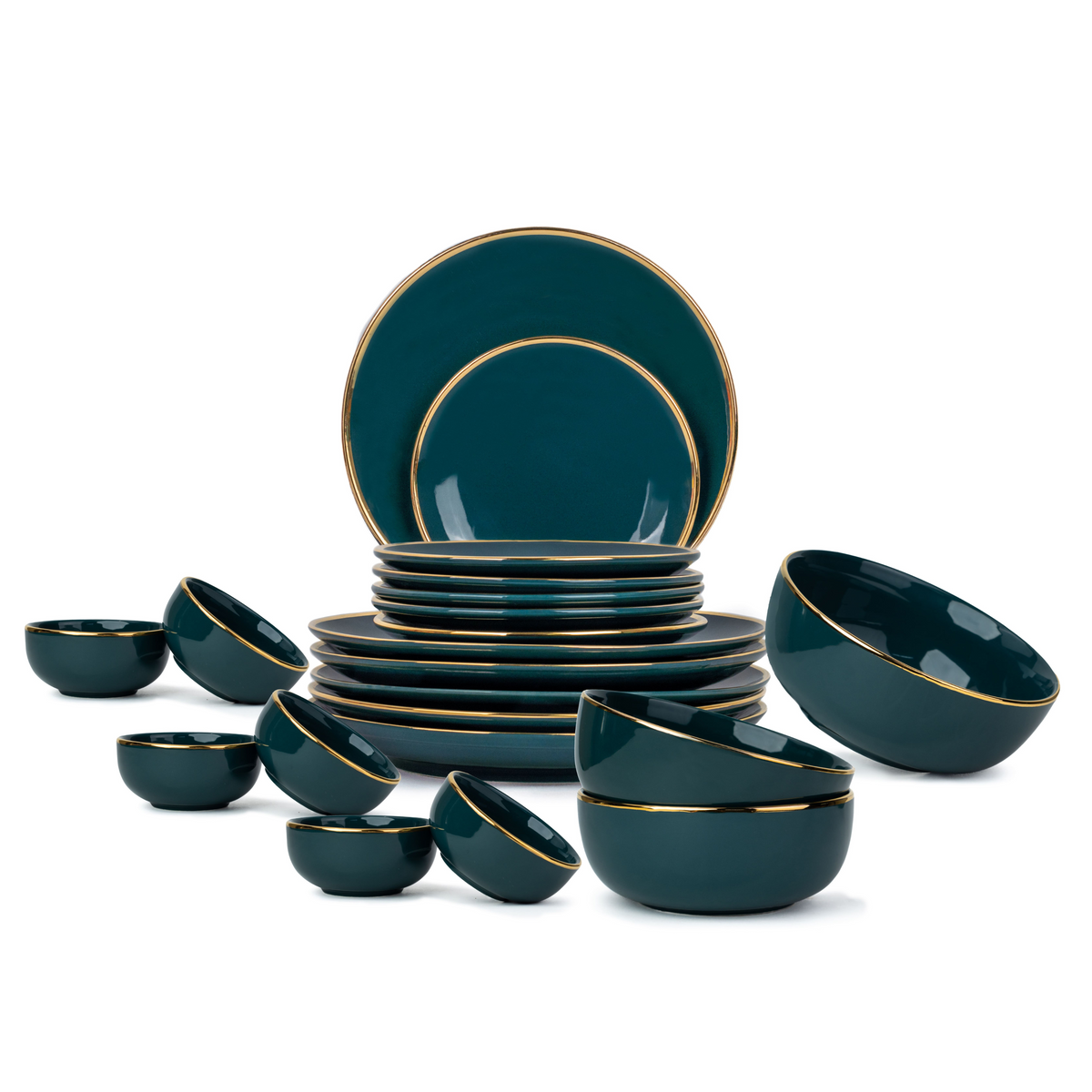 Shay Ceramic Dinner Plates Set, 21 Pieces, Goldline Collection | Modern Tableware Online India