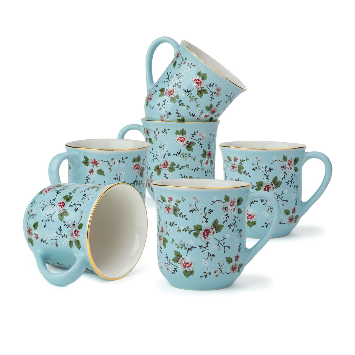 Ceramic Floral Tea Cup Set of 6, 180ml Light Blue