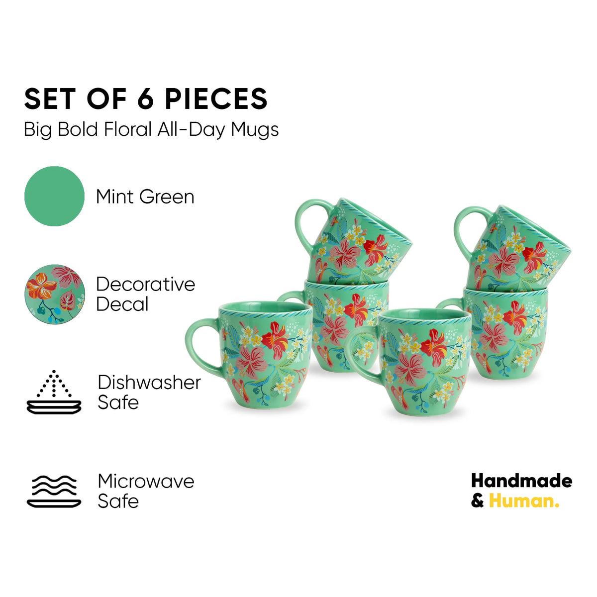 Set of 6 floral mugs with decorative decal on a white background