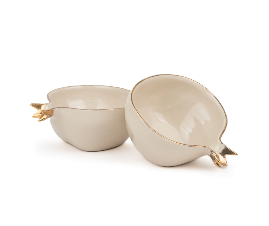 Shay Ceramic Anar Bowl Set for Nuts, 330ml, 4 Pieces, Off-White with Gold Line | Decor Collection | Modern Tableware Online India