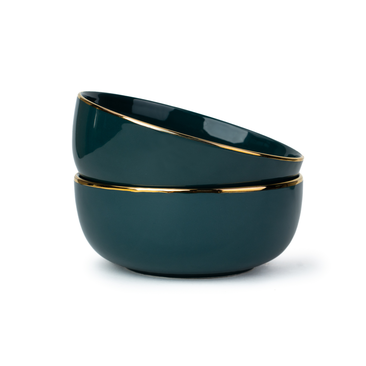 Shay Ceramic Medium Serving Bowls Set, 1000ml, 2 Piece, Teal Gold | Gold Line Collection | Modern Tableware Online India