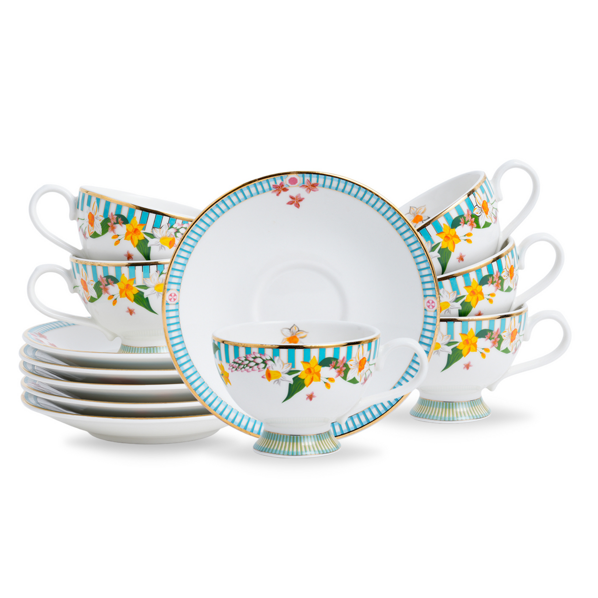 Shay Nargis Tea Cup & Saucer Set, 6 Pcs, 180ml | Ceramic Tea Cups with Plates | Floral Print | Modern Tableware Online India