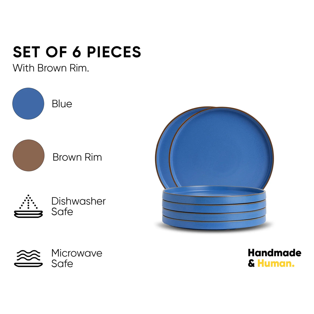 Set of 6 blue plates with brown rim on a white background, featuring icons for dishwasher and microwave safety.