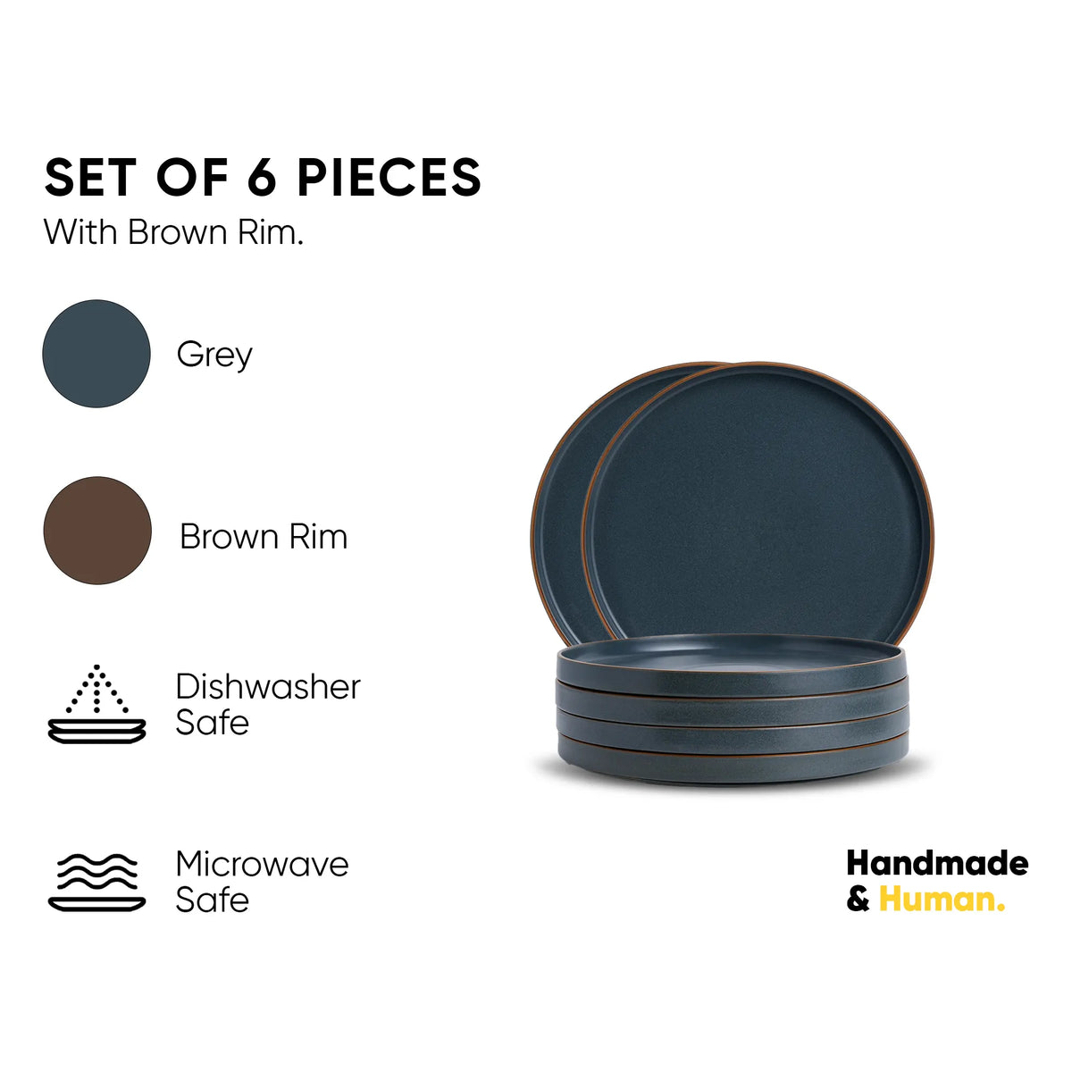 Set of 6 blue plates with brown rim on a white background, featuring text about material safety and brand.