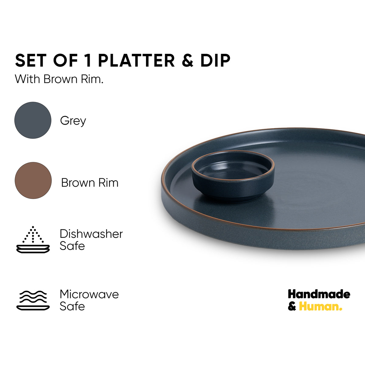 Japandi Ceramic Platter with Dip Bowl – Grey, Large