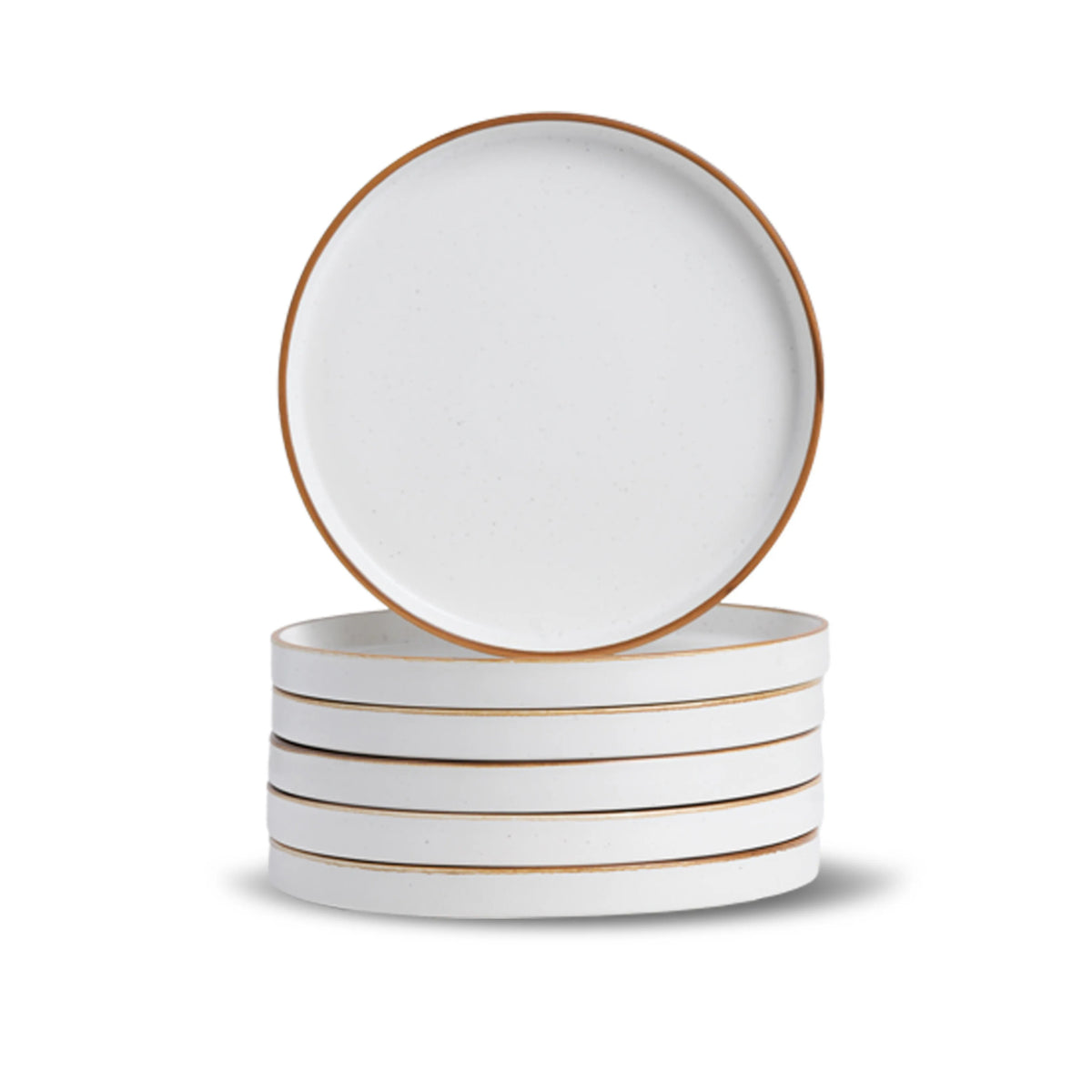 Set of four white ceramic plates with gold rims on a white background