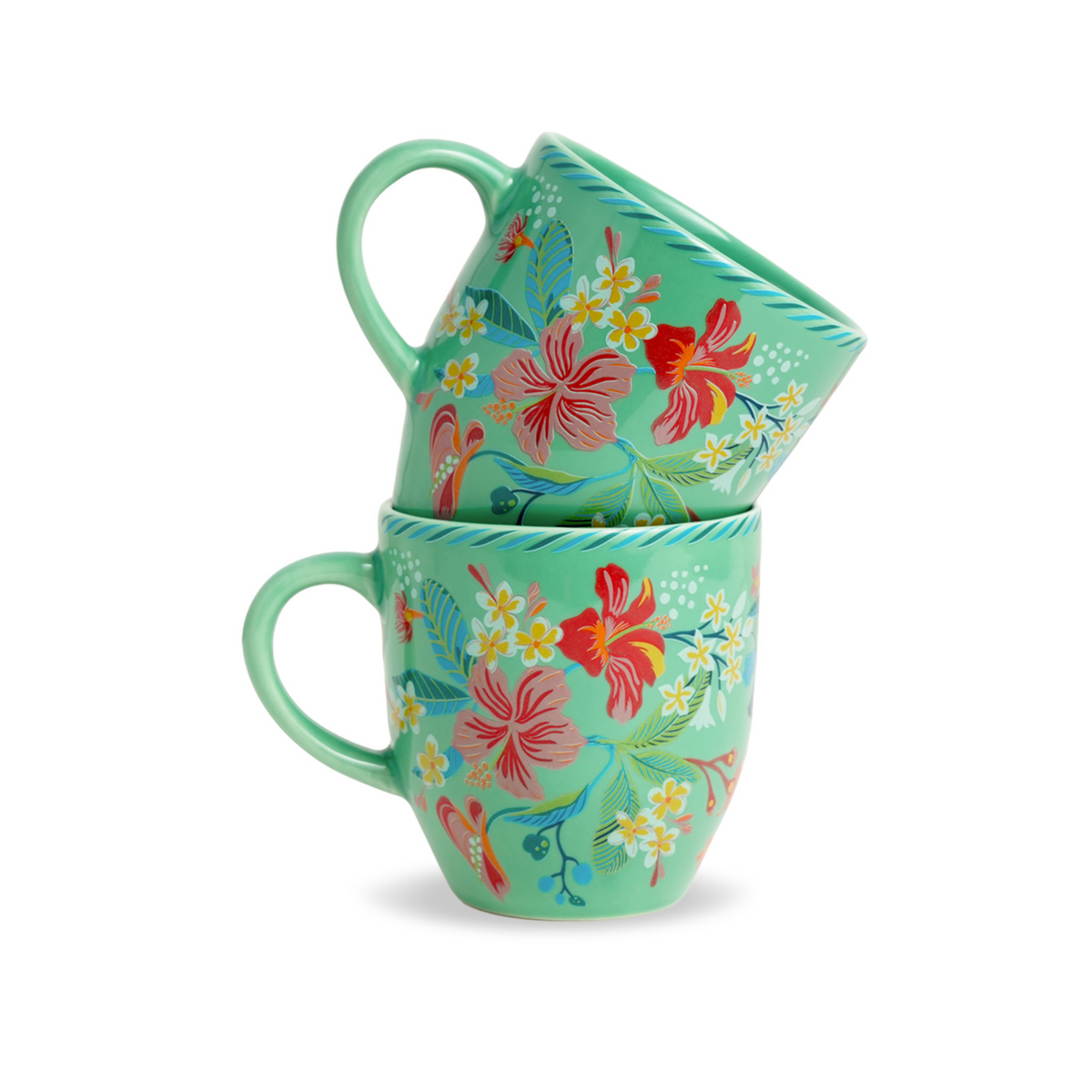 Shay Ceramic Coffee Mugs Set of 2 Big Bold Floral Mint, 300ml | Modern Tableware Online India