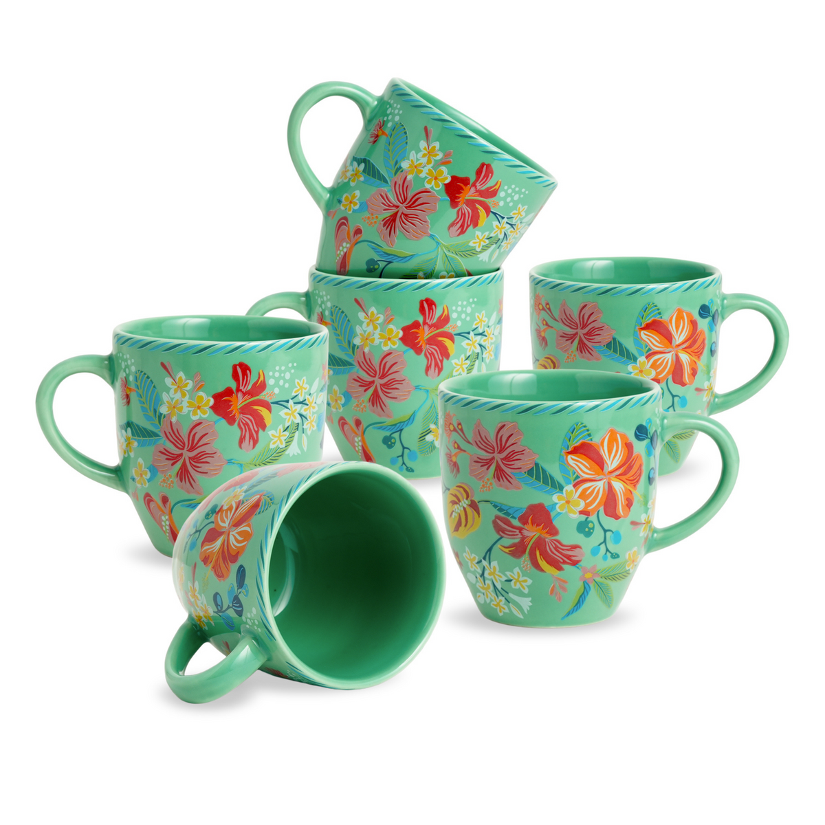 Shay Ceramic Coffee Mugs Set of 6 Big Bold Floral Mint, 300ml | Modern Tableware Online India