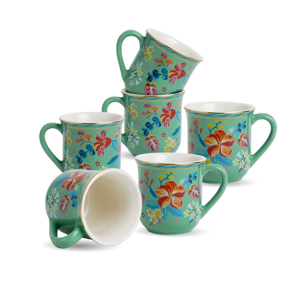 Shay Ceramic Tea Cups Set of 6 Big Bold Floral Mint, 180ml | Modern Tableware Online India