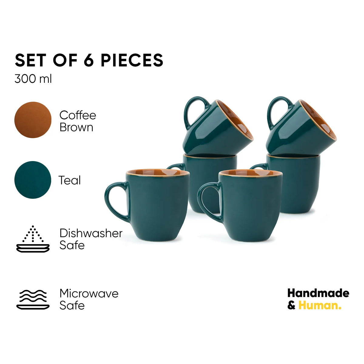 Set of six teal mugs with brown interior, labeled 'Handmade & Human'.