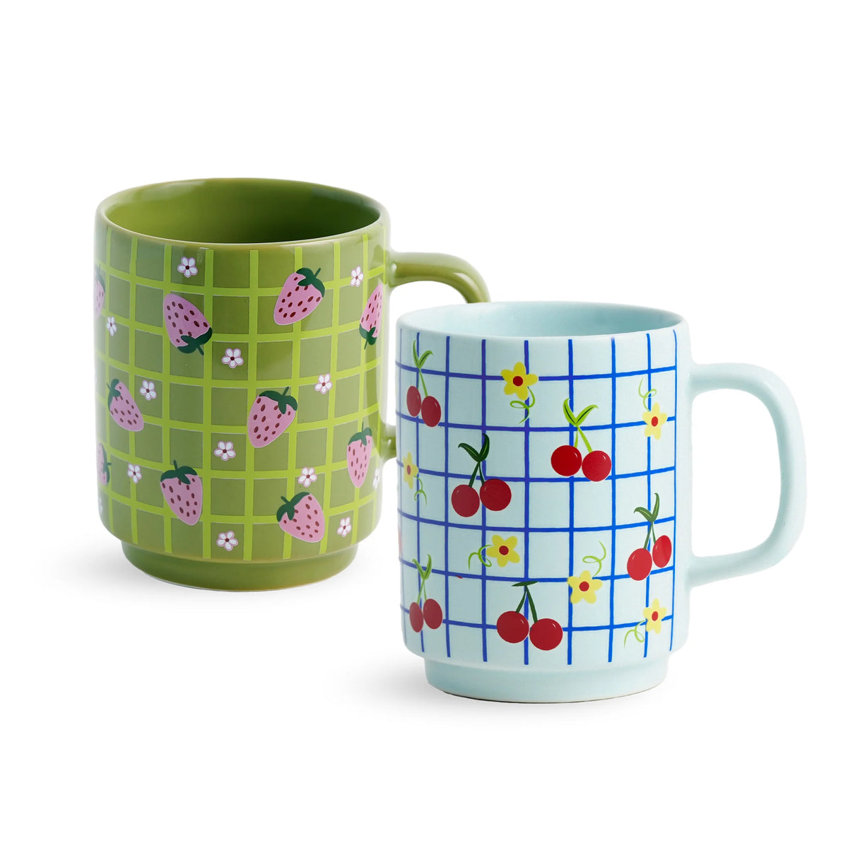 Ceramic Mug Set of 2 | Strawberry & Cherry Coffee Cups 300ml