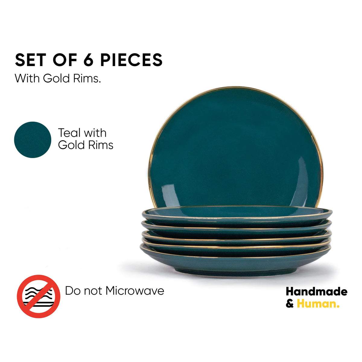 Set of 6 teal plates with gold rims on a white background, featuring branding and usage instructions.