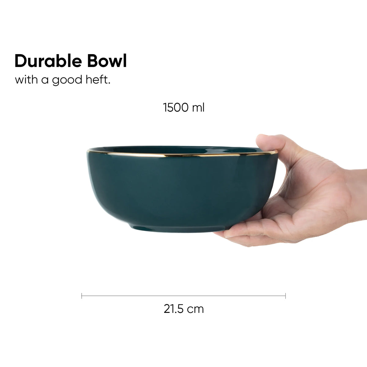 Hand holding a dark green bowl with text indicating its capacity and dimensions on a white background.