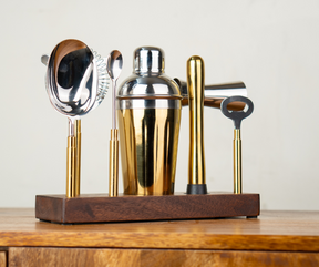 Shay Bar Tool Set with Wooden Stand- 8-Piece, Bartender Kit : Shaker, Spoon, Jigger, Muddler, Strainer, Bottle Opener, Ice Scoop (Bar Tool Set) | Modern Tableware Online India