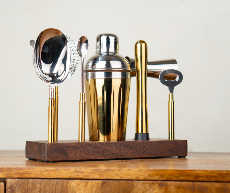 Shay Bar Tool Set with Wooden Stand- 8-Piece, Bartender Kit : Shaker, Spoon, Jigger, Muddler, Strainer, Bottle Opener, Ice Scoop (Bar Tool Set) | Modern Tableware Online India