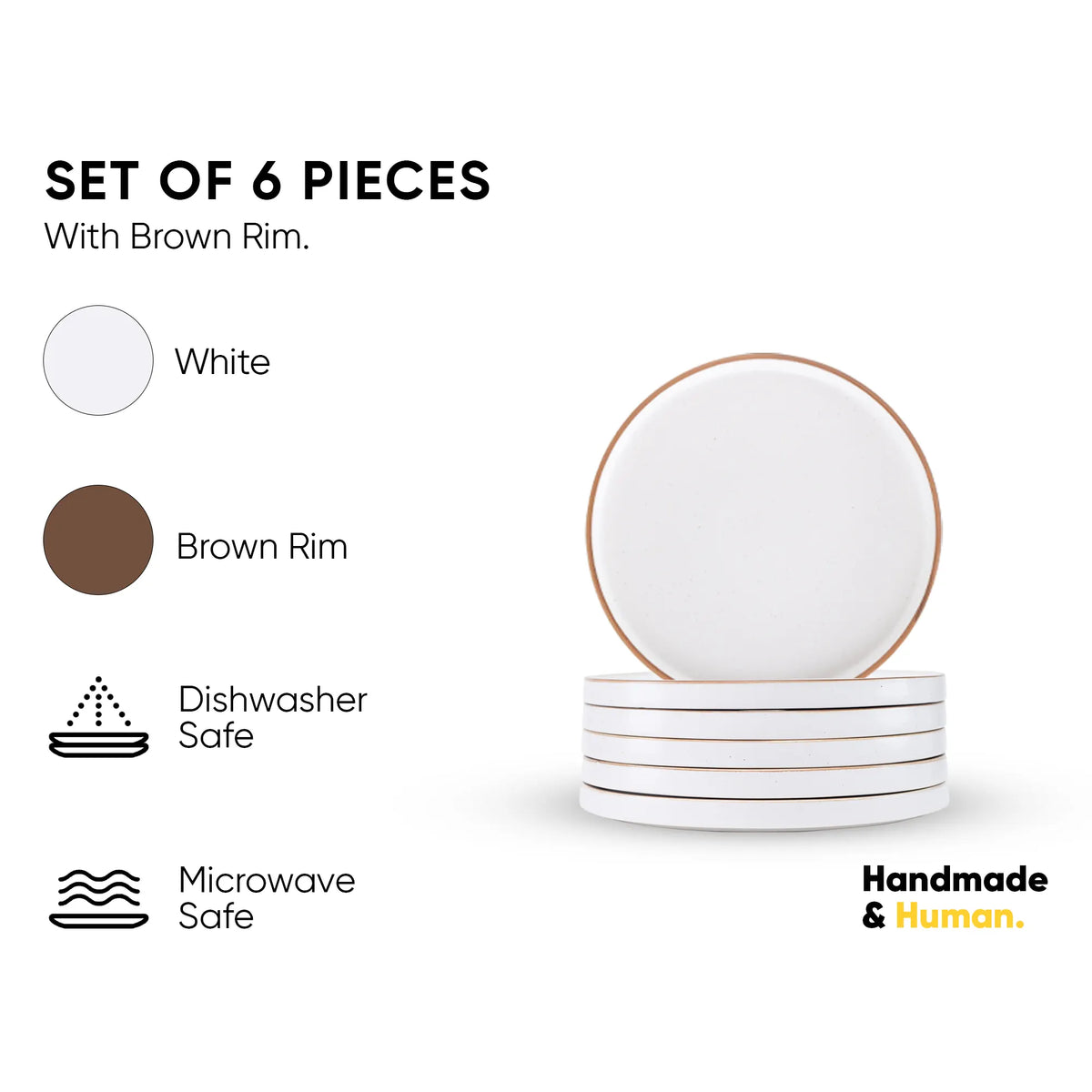 Set of 6 white plates with brown rim on a white background, featuring text about material and safety.