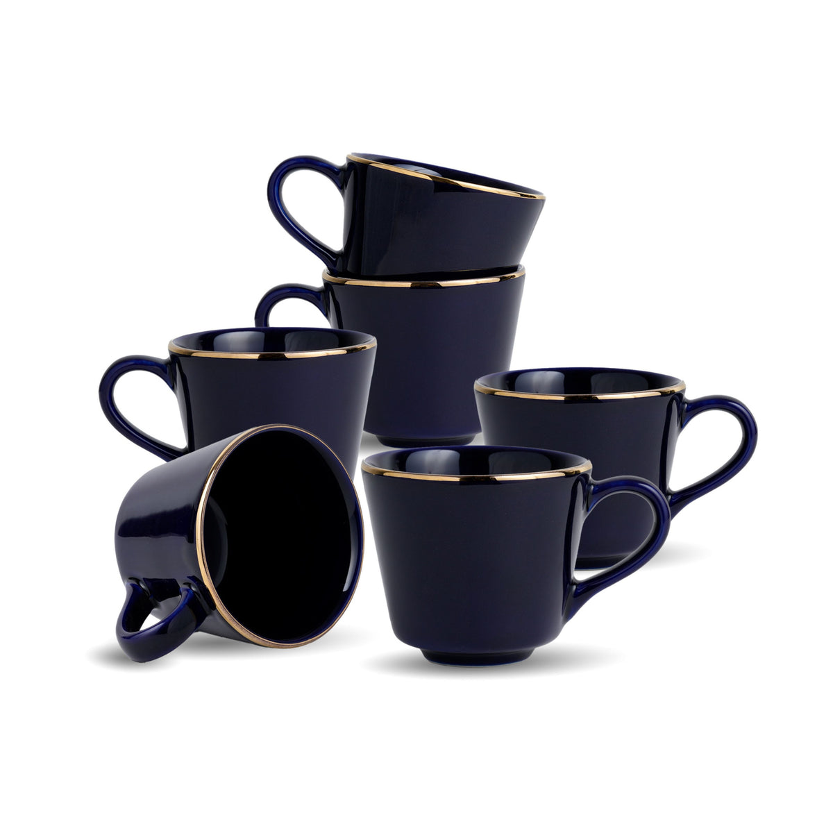 Shay Ceramic Tea Cup Set | Blue with Real Gold Line | 180ml | Set of 6 | Gold Line Collection | Modern Tableware Online India