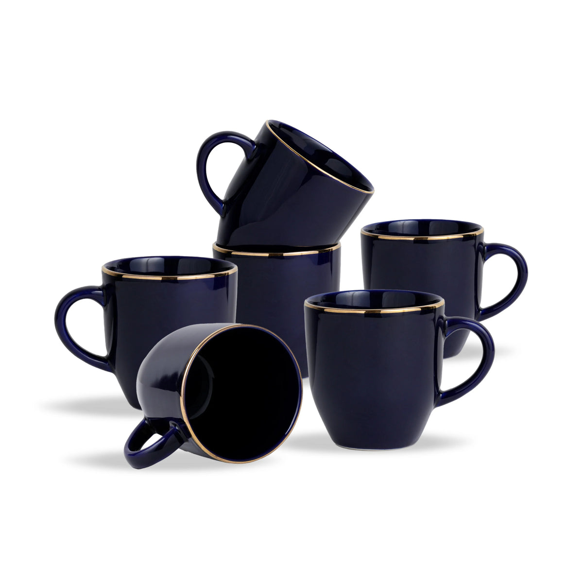 Set of six navy blue mugs with gold rims on a white background