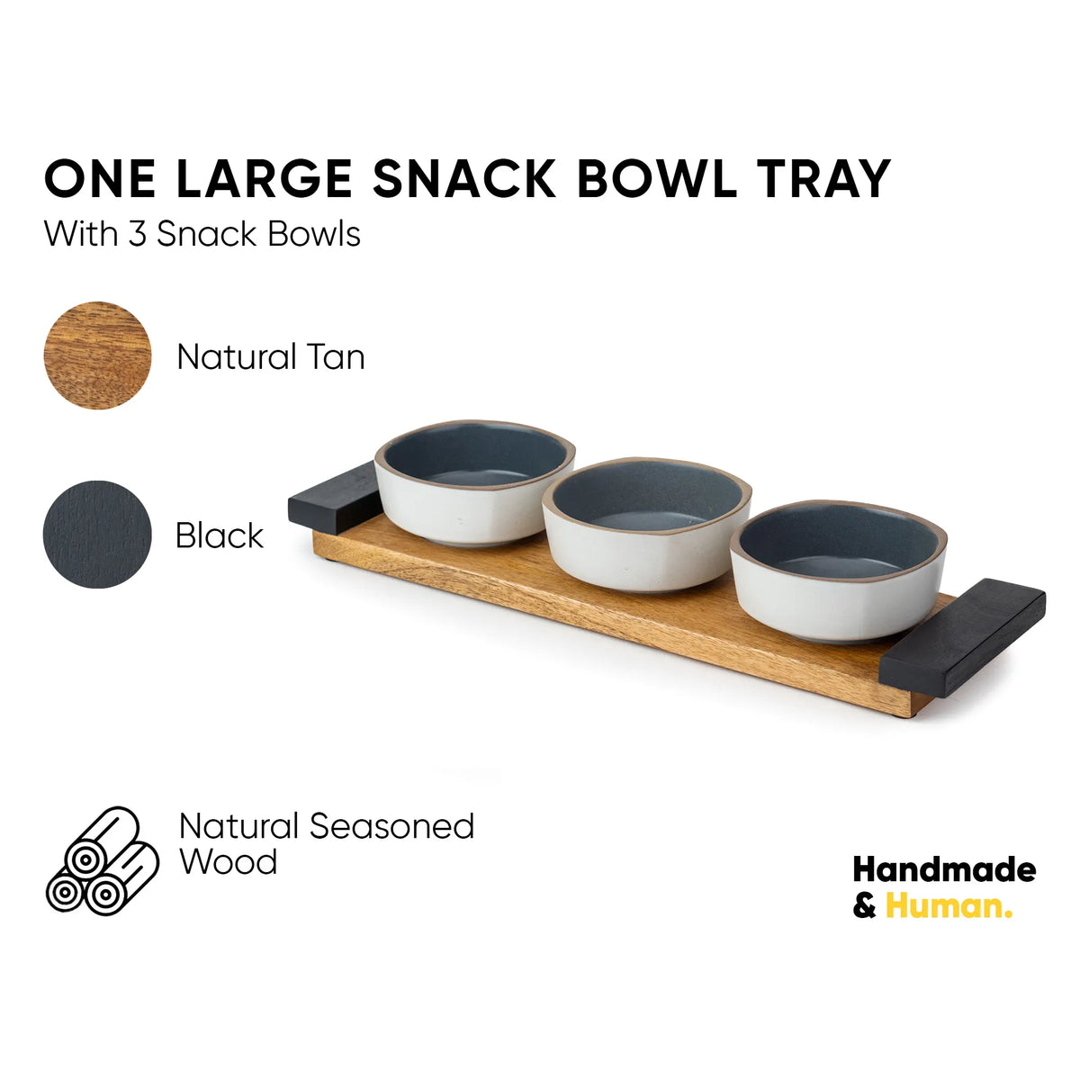 Snack bowl tray with three bowls on a wooden base, featuring natural tan, black, and natural seasoned wood finishes.
