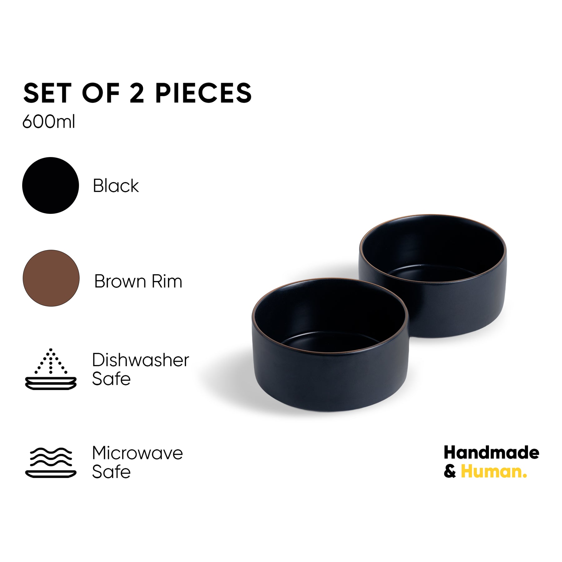 Ceramic Cereal Bowl Set, 15cm, 2 Pieces, Black | Japandi Serving Bowls