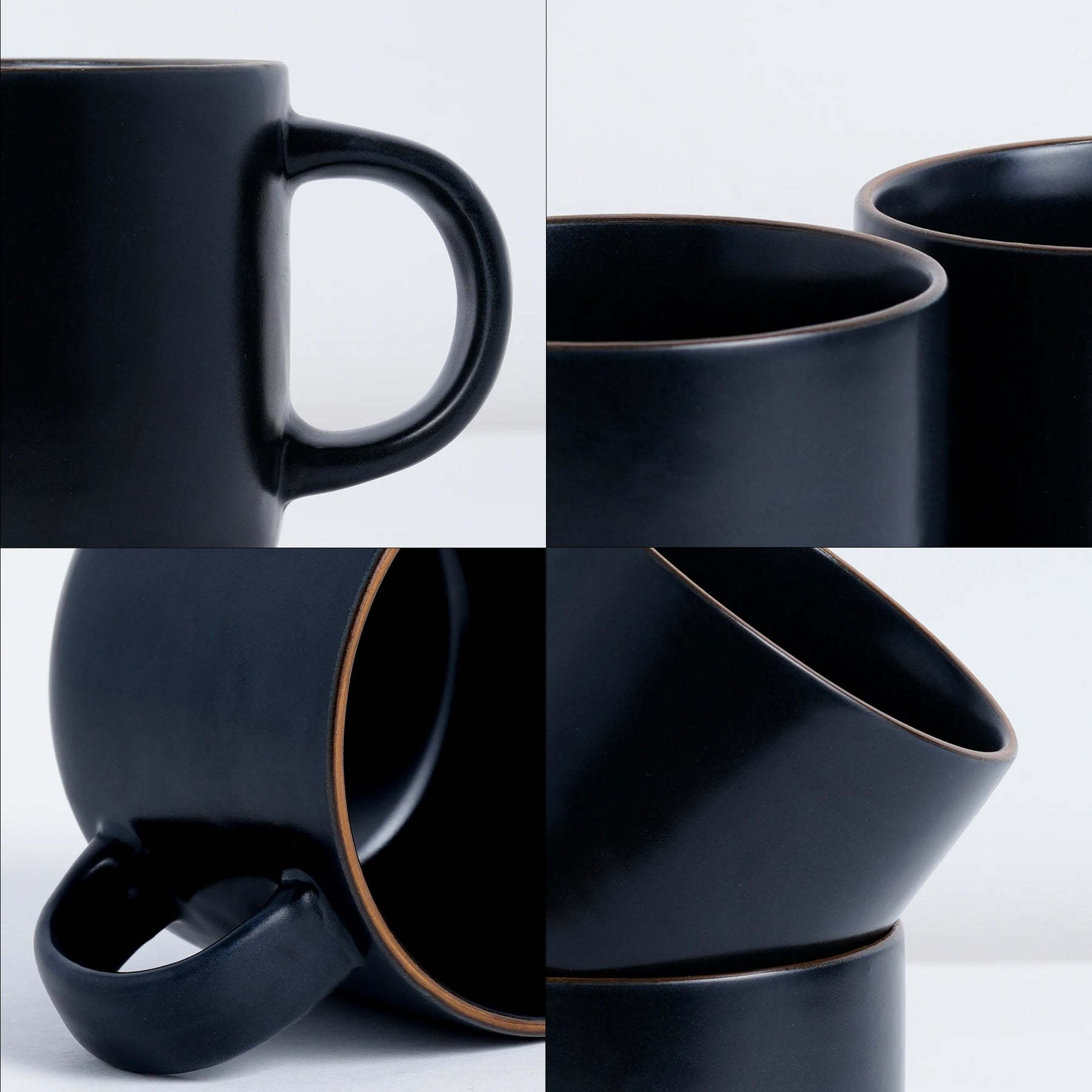 Black mug shown from multiple angles on a light gray background