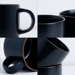 Black mug shown from multiple angles on a light gray background