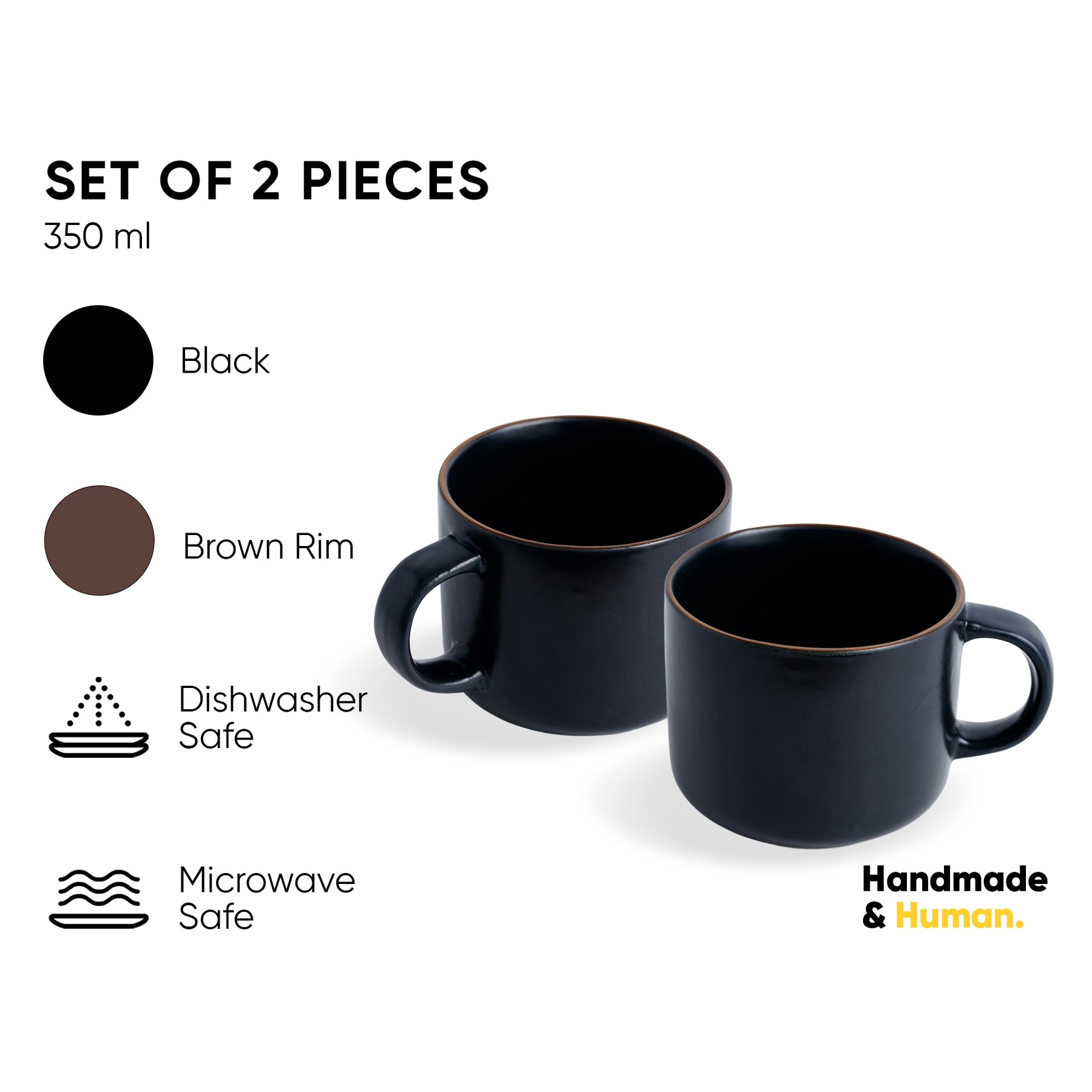 Ceramic Coffee Mugs, Set of 2, Black Japandi, 350ml | Matte Finish