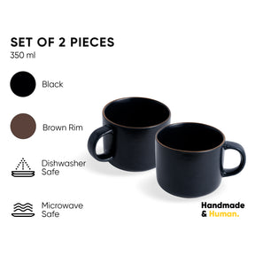 Ceramic Coffee Mugs, Set of 2, Black Japandi, 350ml | Matte Finish