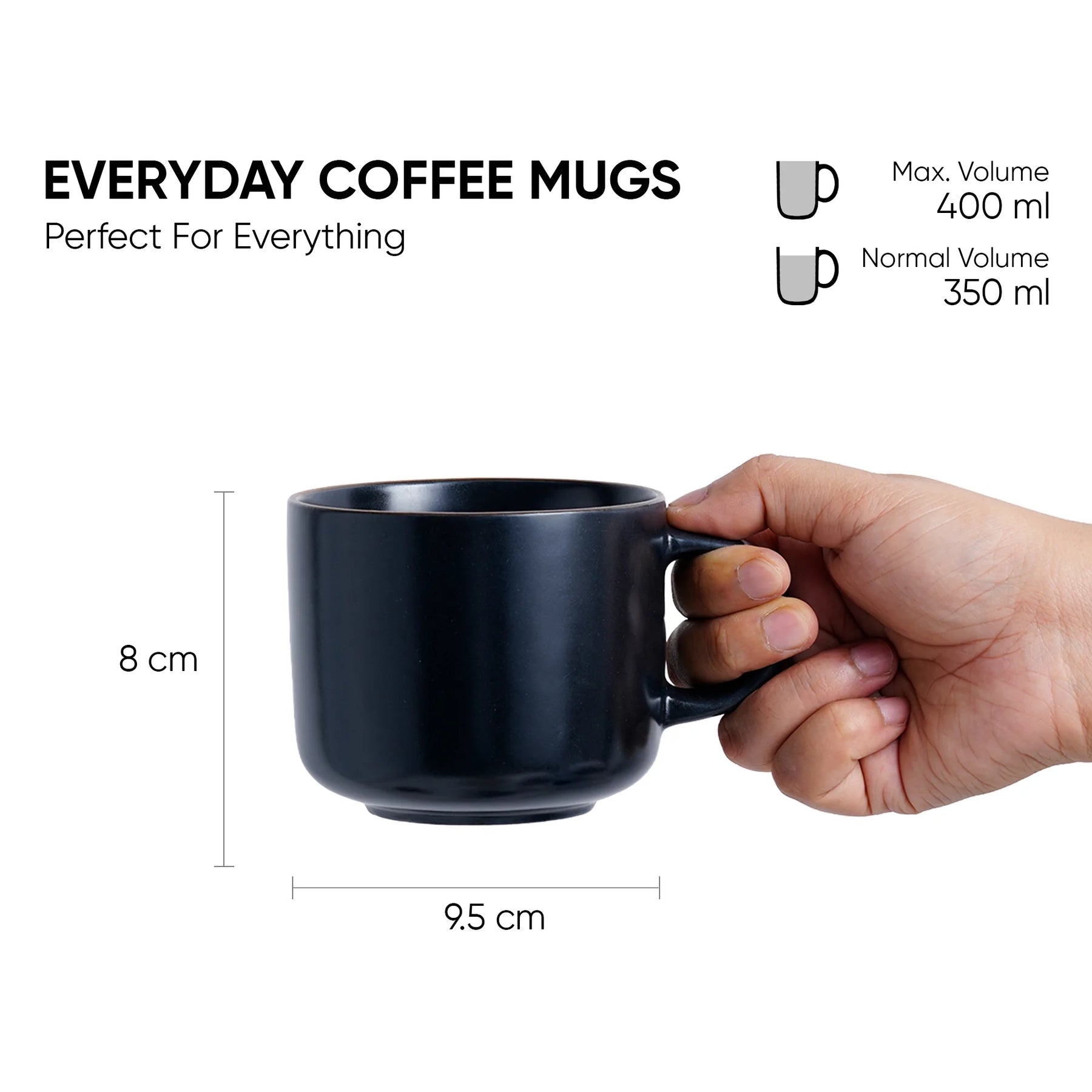 Black coffee mug held by a hand with measurements and volume details on a white background