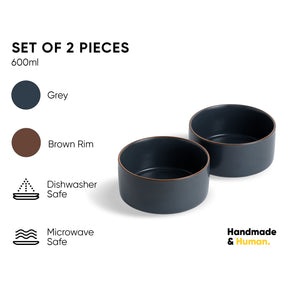 Ceramic Cereal Bowl Set, 15cm, 2 Pieces, Grey | Japandi Serving Bowls