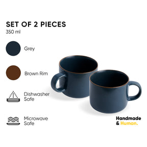Ceramic Coffee Mugs, Set of 2, Grey Japandi, 350ml | Matte Finish