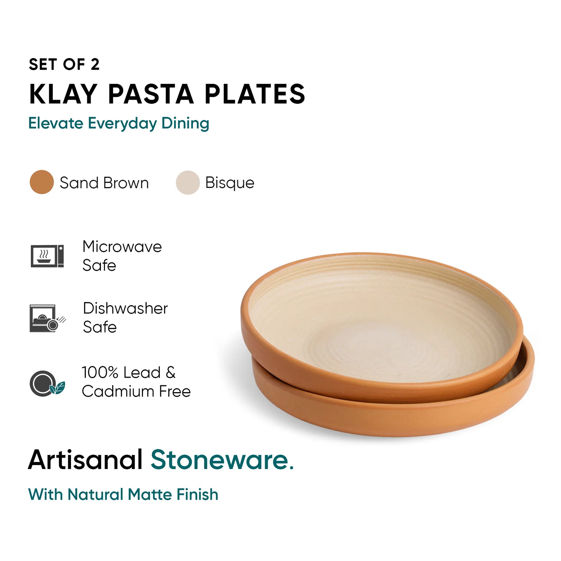 Set of 2 KLAY Pasta Plates with color options and safety features on a white background