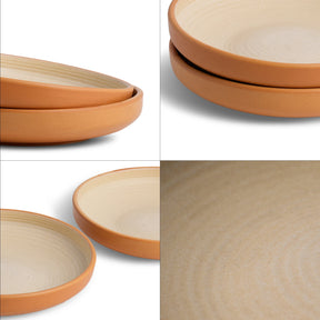 Set of terracotta plates with a close-up on texture, on a white background.