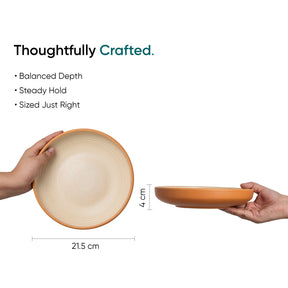 Two hands holding a ceramic bowl and plate with dimensions and text about craftsmanship.