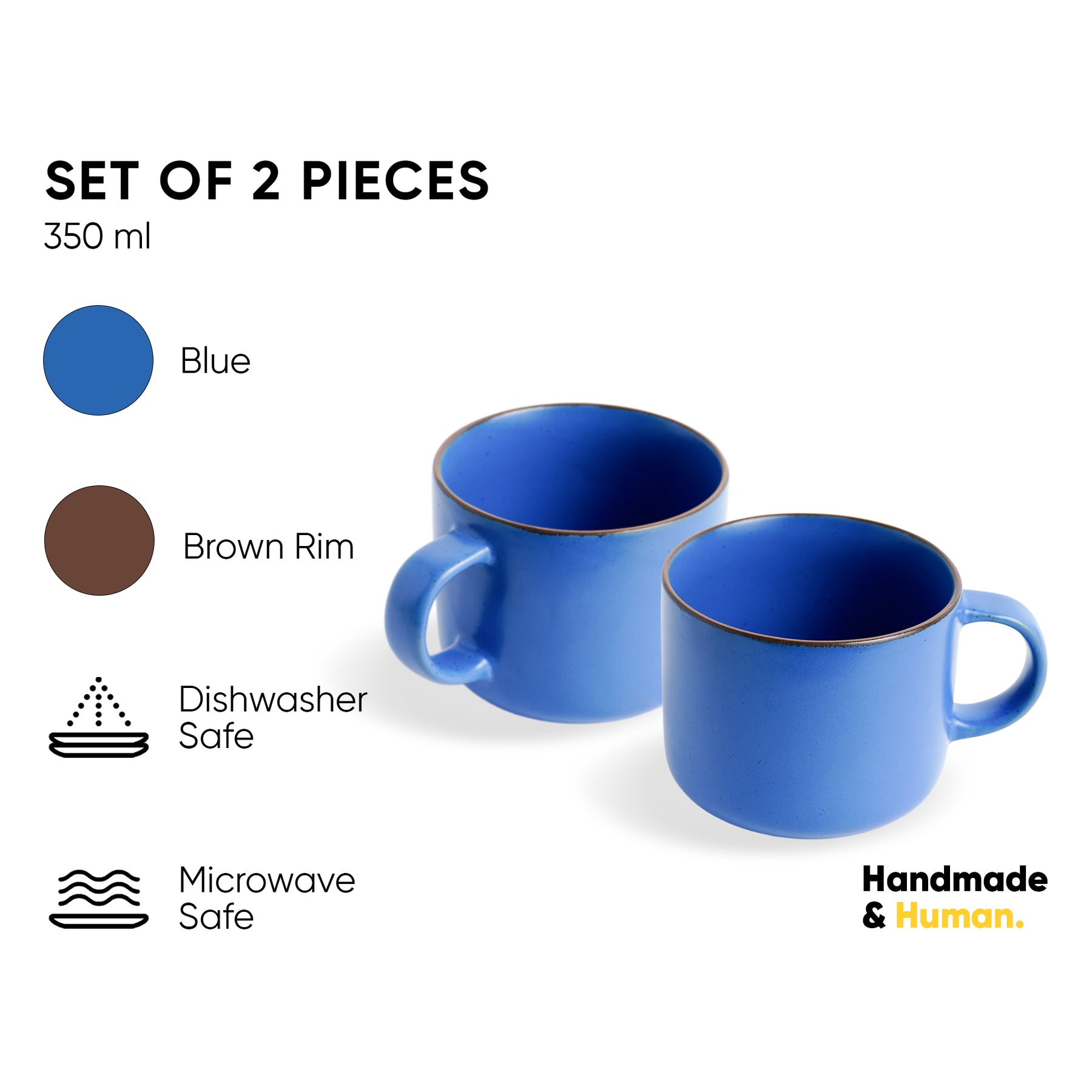 Ceramic Coffee Mugs, Set of 2, Blue Japandi, 350ml | Matte Finish