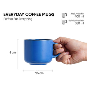 Blue coffee mug held by a hand with measurements and volume details on a white background