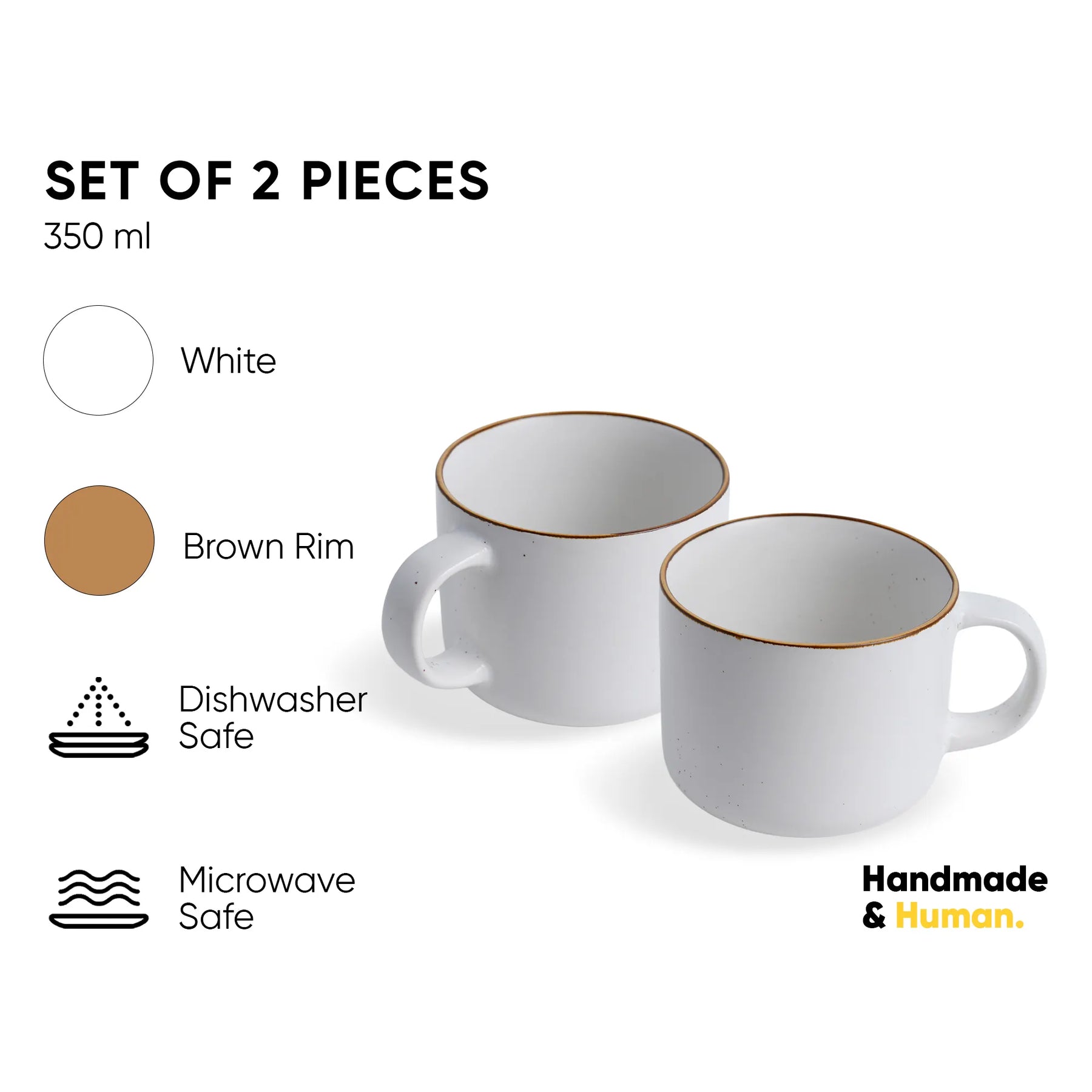 Two white mugs with a brown rim on a white background, featuring product details.