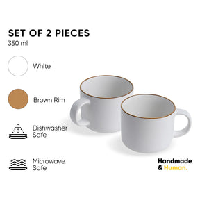 Two white mugs with a brown rim on a white background, featuring product details.