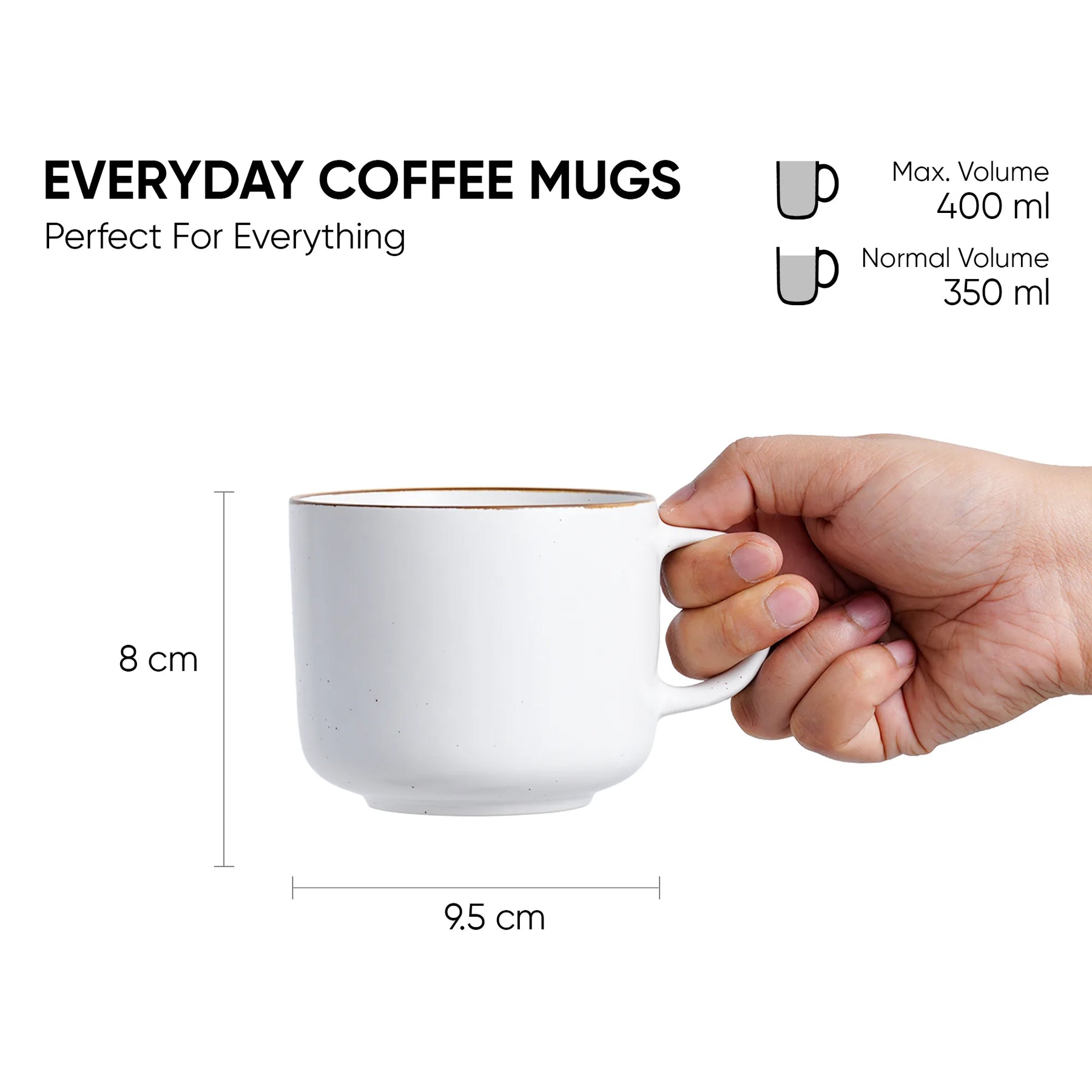 Hand holding a white coffee mug with dimensions and volume information on a white background