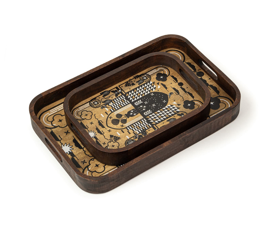 Wooden Serving Tray | Elegant & Durable Wood Tray for Serving Folk Floral Set of 2