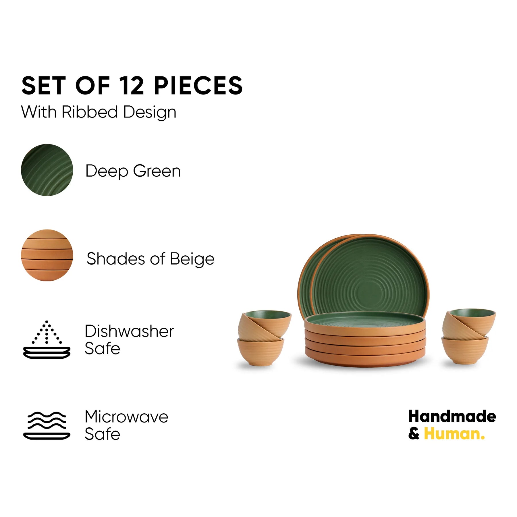 Set of 12 ribbed design bowls in deep green and shades of beige with product features listed.