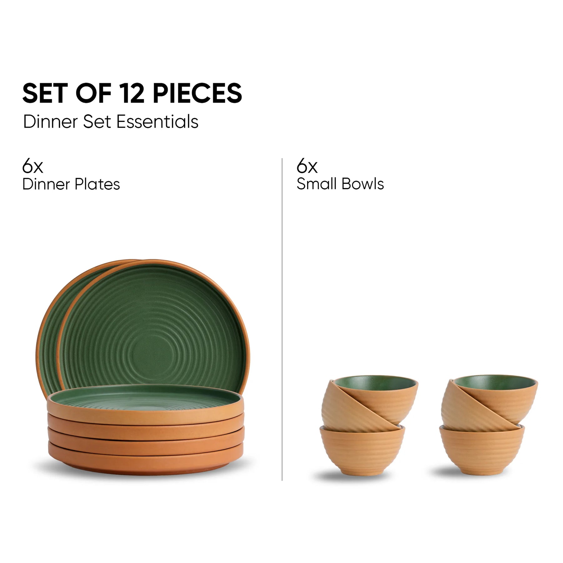 Set of 12 dinnerware pieces including 6 dinner plates and 6 small bowls on a white background.