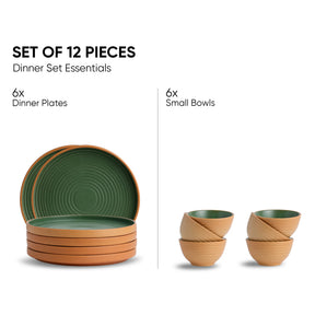 Set of 12 dinnerware pieces including 6 dinner plates and 6 small bowls on a white background.