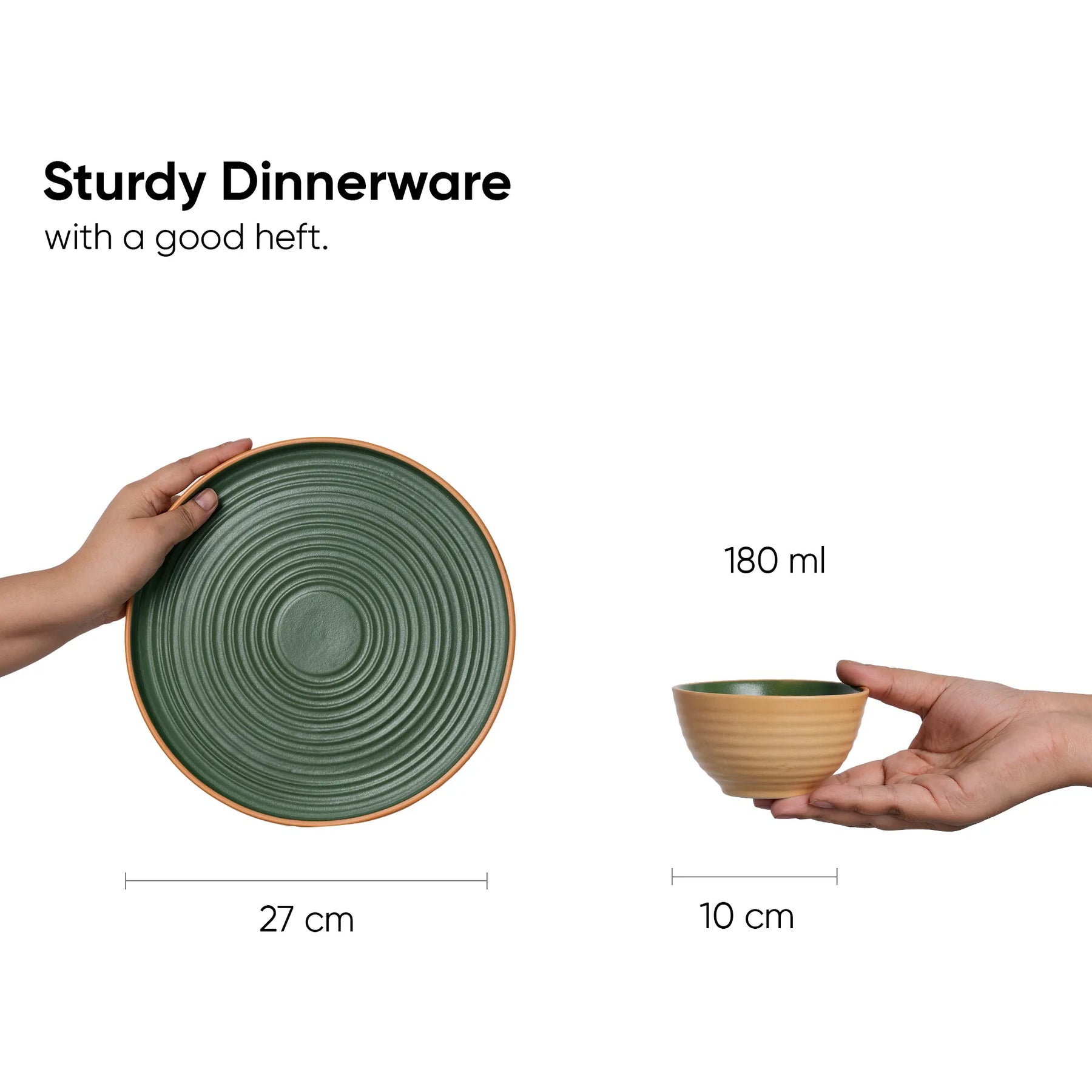 Green ceramic plate and brown ceramic bowl held by hands with measurements on a white background.
