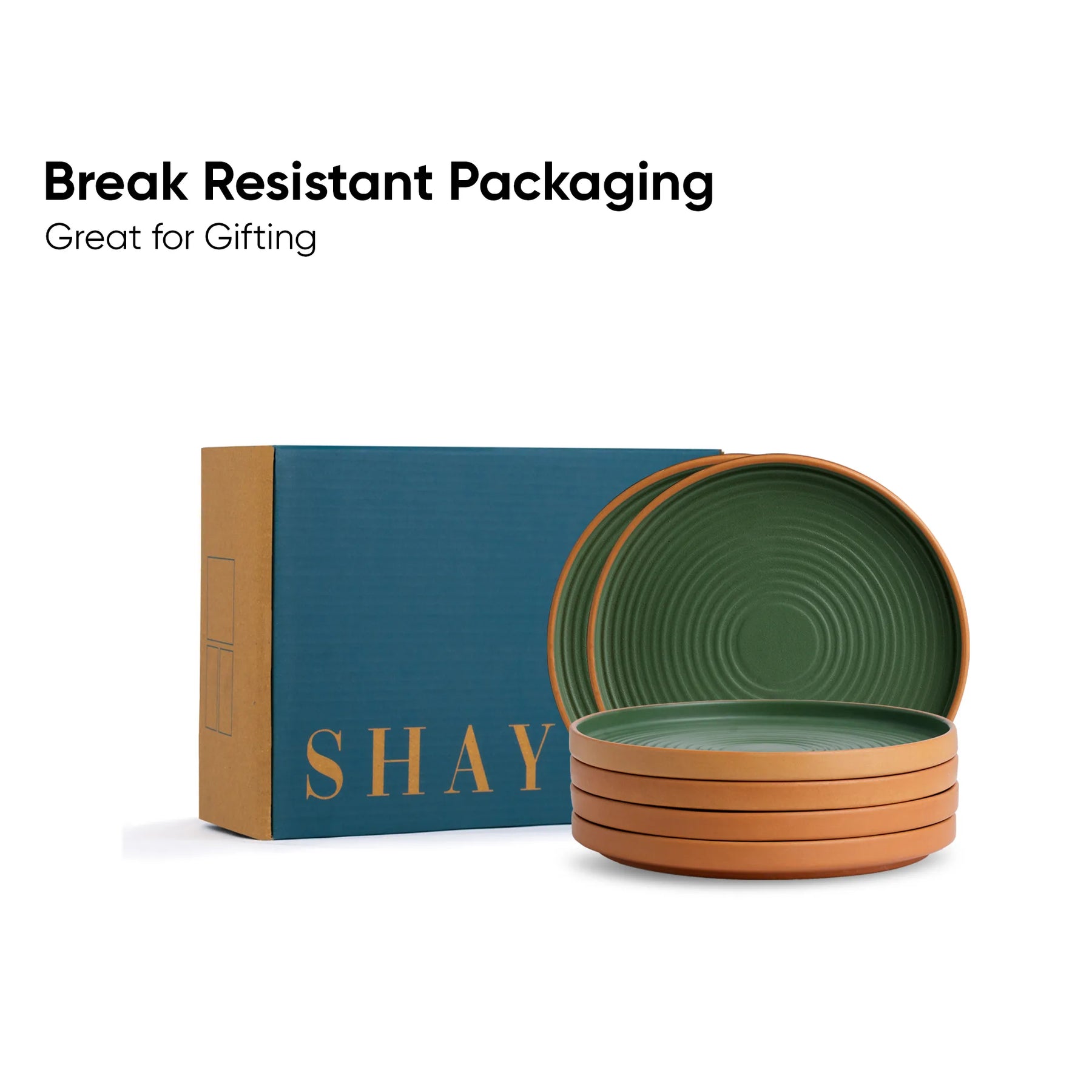 Stack of green ceramic bowls with 'SHAY' branding and text about break-resistant packaging on a white background.