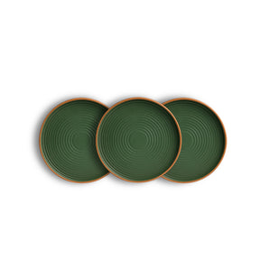 Three green ceramic plates with brown rims on a white background