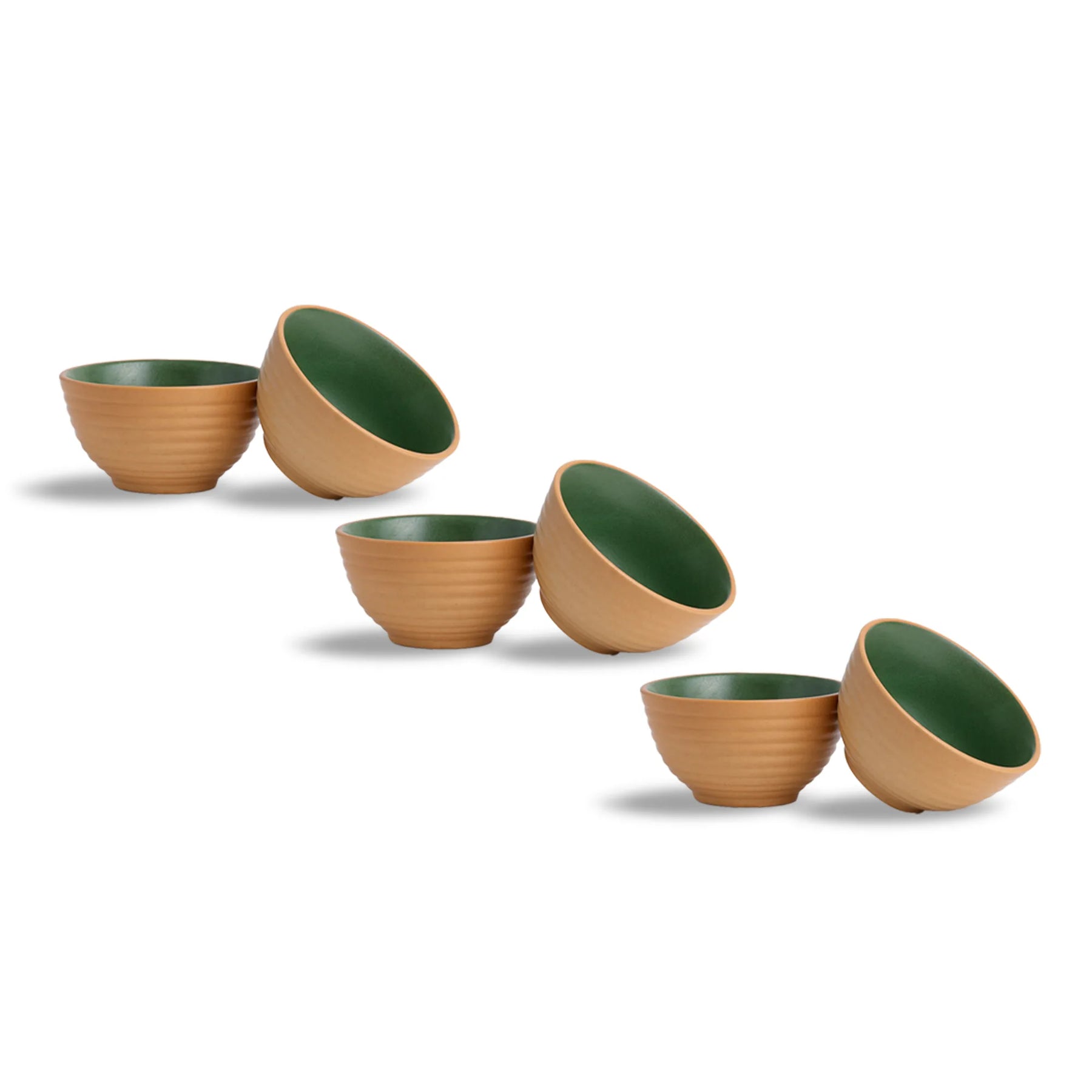 Set of six ceramic bowls with green interior and brown exterior on a white background