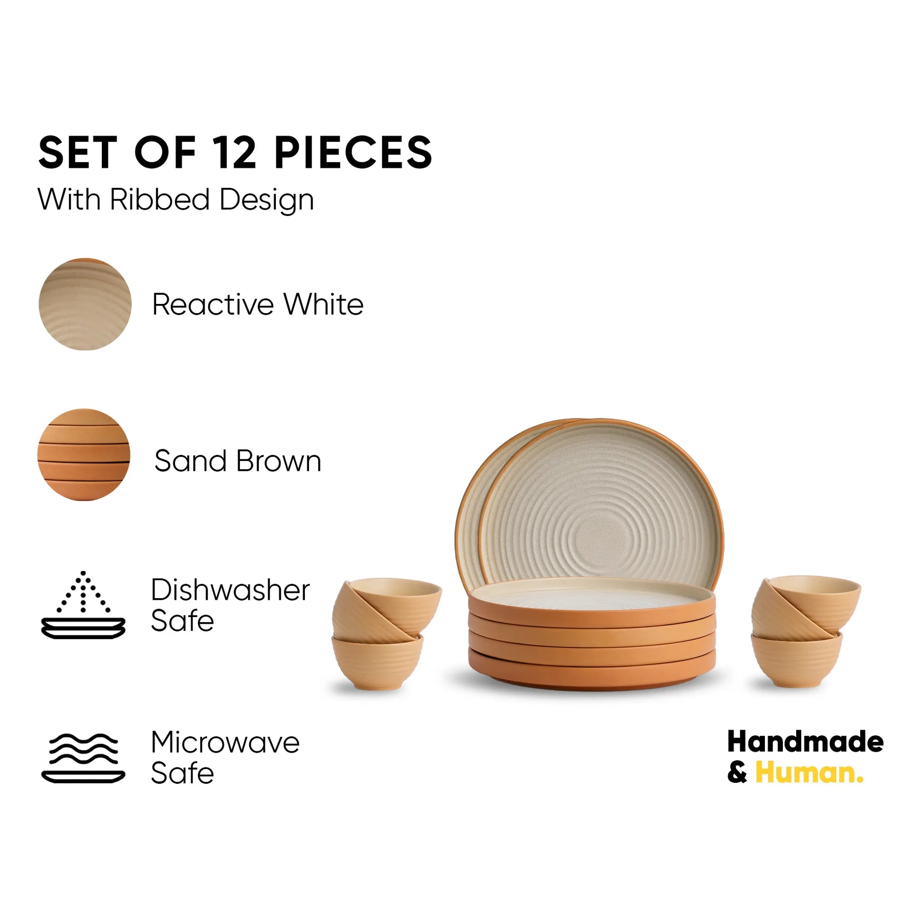 Set of 12 ceramic bowls with ribbed design, shown with color options and safety features on a white background.