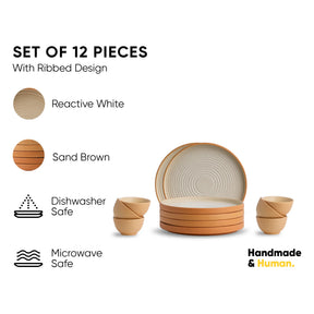 Set of 12 ceramic bowls with ribbed design, shown with color options and safety features on a white background.